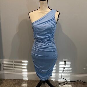 Pretty Garden Cinched Light Blue Midi Pencil One Sleeve Dress - Size Small